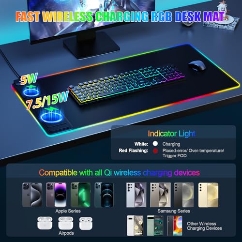 Mouse Pad with Phone Holder, Wireless Charging Desk Mat, RGB Gaming Mousepad Home Office Large Desk Pad with Ultra-Smooth Surface, Non-Slip Base, Waterproof Keyboard Pad, Classic Black Desk Mat - color: 31.5x15.75"Phone Stand-Black
