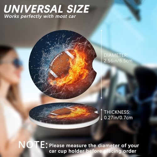 2 Pack Car Cup Holder Football Coasters Absorbent Ceramic Coaster for Cup Holders Fashion Car Interior Accessories for Men Drink Coaster for Women - color: Football Ball Fire Water