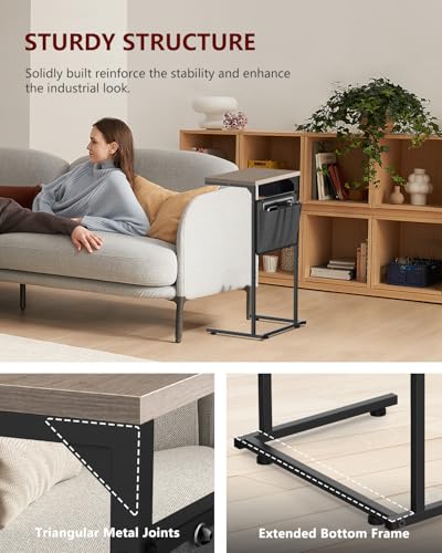 Vantic C Shaped End Table, Small Side Table for Couch and Recliner, Slide Under Sofa Tray Desk with Storage Bag for Living Room and Bedroom, Greige - color: Greige