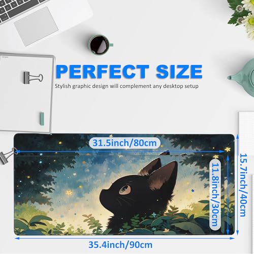 Desk Pad, Anime Cute Black Cat Extended Gaming Mouse Pad Large, 35.4"x15.7" Big Mouse Pad with Non-Slip Base and Stitched Edge, Long Computer Keyboard Mouse Mat for Home Office Work - color: Cute Black Cat, size: 35.4"x15.7"