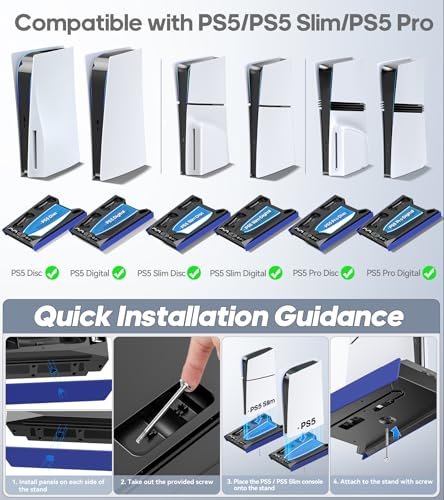 Rysker PS-5/Slim/Pro Cooling Station with 3-Level Cooling Fan, Fast Controller Charger for Disc & Digital, PS-5 Accessories Incl. 3 USB Ports, Screw and Headset (Royal Blue) - color: Royal Blue