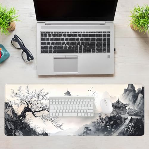 Japanese Mouse Pad Ink Landscape Mountain Pavilion Blossom Large Desk Mat Waterproof Stitched Edges Rubber Base Non-Slip Deskmap Computer Keyboard Mat 31.5 x 11.8 Desk Home Office Gaming - color: Japanese, size: 31.5" x 11.8"