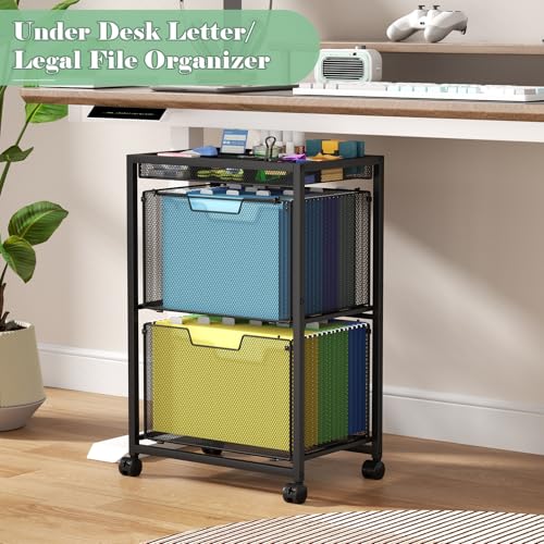Rolling File Cart with 2 Drawers, Under Desk Storage Cabinet with DIY Divider, Letter/Legal Mobile Filling Cabinet on Wheels, Hanging File Folders Organizer, Metal Utility Cart for Home Office, Black - color: Black, size: 2 Drawers