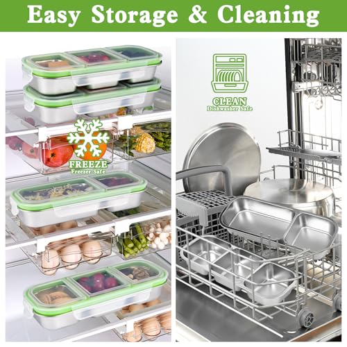 UPTRUST Reusable Snack Containers with Lids, 2pcs Stainless Steel 3-Compartment Snack Box, Divided and Leak-Proof Design for Take-Out Condiments and On-the-Go Snacks - size: 2-Piece 3-Compartment