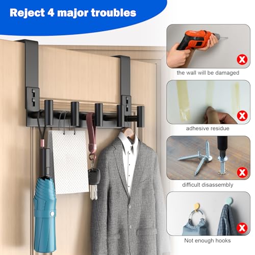 PMMASTO Over The Door Hooks, Door Hanger Hook for Hanging, Coat Rack Organizer for Bathroom, Towel Holder Bathroom Accessories (Black 5 T-Hooks-Fits 1-3/4" Thick Door) - color: Black, size: 7.5 Inch-5 T-Hooks, Fits 1-3/4" Thick Door