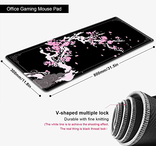 Japanese Pink Cherry Blossom Desk Pad, Black Long Mouse Pad Deskmat, Cute Desk Mat for Desktop, Women Computer Laptop Protector Writing Pads for School Office, 31.5 X 11.8 in- Sakura Flowers - color: Cherry Blossom Art