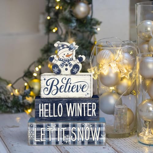 Britimes 4 Pcs Christmas Snowman Table Decor Winter Tiered Tray Decorations Set Believe Hello Winter Let It Snow Stack Block Signs Gift Rustic Farmhouse Tabletop Decor for Table & Home Office - style: Christmas Snowman