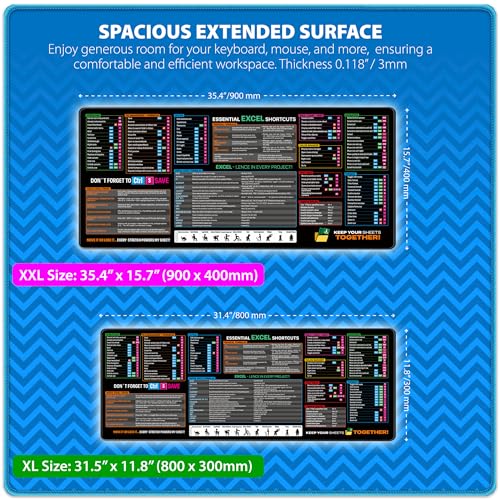 Excel Cheat Sheet Desk Pad – XXL Waterproof Mouse Pad with Stitched Edge for PC, Keyboard, Computer, Office or Gaming, Non-Slip Mat with Spreadsheet Shortcuts & Formulas, 3 Cord Holders Gift. - size: 35.4L x 15.8W inches