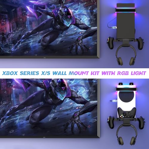 Wall Mount for Xbox Series X/S-Wall Mount Kit with 2 Controller Holder &1 Headset Stand & RGB Light, Xbox series X/S Wall Mounted Bracket Shelf Stand- Safely Organize Your Xbox X/S Series Accessories - color: Grey