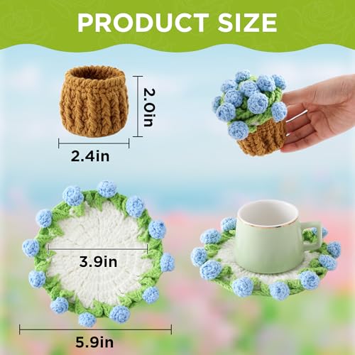 Flower Crochet Coasters, Handmade Bouquet Blanket Coaster with Crochet Plant Pot Fun Soft Decorative Drink Coasters for Coffee Tabletop Protection and Home Decor (Light Blue, 1Pc) - color: Light Blue, size: 1Pc