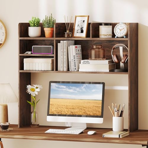 Tangkula Desktop Bookshelf for Computer Up to 32”, 37” Countertop Storage Hutch with 6 Storage Shelves, 3-Tier Desktop Organizer Display Rack, Wooden Desk Hutch for Dorm Home Office (Rustic Brown) - color: Rustic Brown, size: 6 Shelves