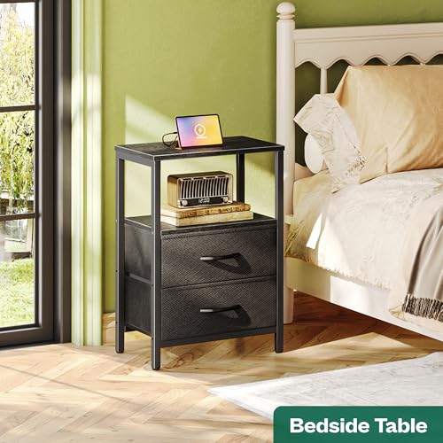 Huuger Nightstand with Charging Station, Side Table with 2 Fabric Drawers, End Table with Open Shelf, Bedside Table with USB-C Port and Outlets, Night Stand for Bedroom, Black - color: Black, size: 11.8"d X 15.7"w X 23.6"h (2 Drawers)