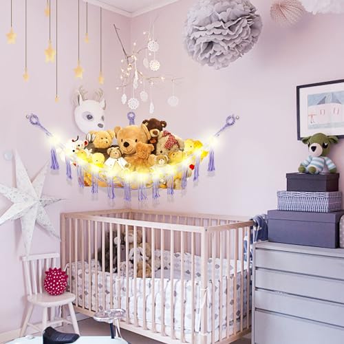 CERETIA Stuffed Animal Hammock with LED Light, Large Stuffed Animals Storage Corner Plushie Net for Kids Room Decor, 2 Packs Purple - color: Purple, size: Large-(Package of 2)