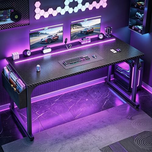 DurayLoly 55” Carbon Fiber Gaming Desk, IP65 RGB LED Computer Desk with Side Storage Bag & Headphone Hook, Sturdy Metal Frame Space Saving Home Office Desk for Teens Bedroom Dorm Study Gaming Room - color: Black, size: 55 Inch