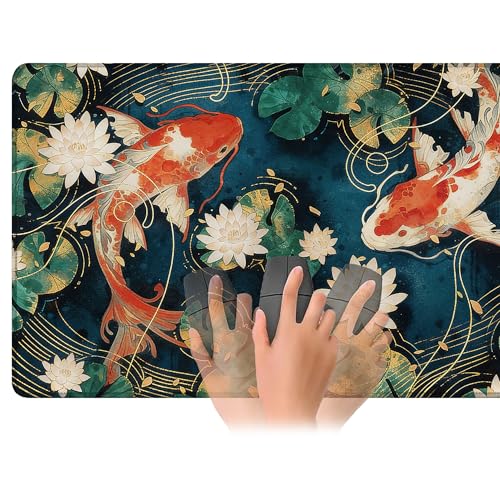 Playmat for MTG Lotus Leaves Koi Magic Play Mat 24x14 Inch Card Game Mat for Magic The Gathering TCG PTCG Playmat with Free Storage Bags Non-Slip Backing and Stitched Edge - color: Lotus Leaves Koi No With Zones