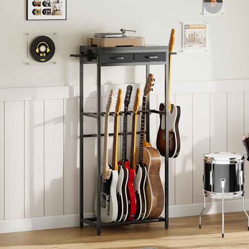 ELYKEN Guitar Stand, Guitar Rack with 2 Hangers and Storage Drawers for Guitar Accessories, Multiple Guitar Holder for Acoustic Electric Guitar, Bass, Ukulele, Instrument, Music Studio, Black - color: Black, size: 5-7 Guitars