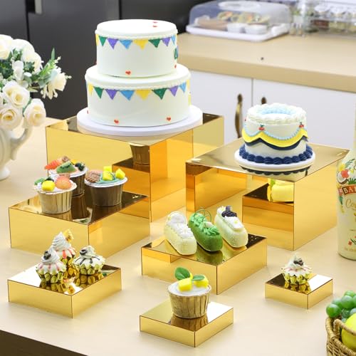 Geelin 8 Pack Acrylic Buffet Risers - 3 to 10 Inch Decorative Cube Boxes, Display Stands with Hollow Bottoms for Food Jewelry Table Display Supplies(Gold,Flat) - color: Gold, style: Flat