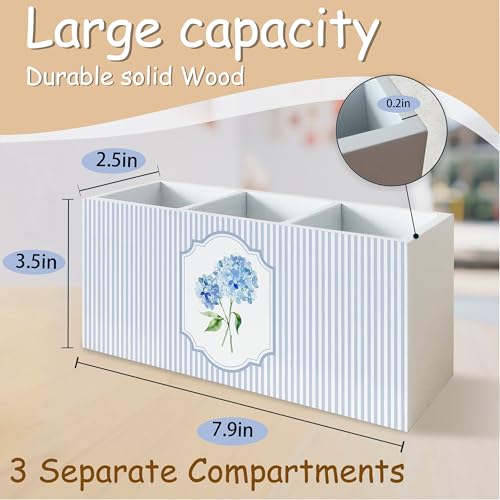 Blue Hydrangea Pen Pencil Holder Organizer for Desk, Blue and White Striped Floral Cottagecore Wooden Box Block Sign for Home Office Tabletop Decor - color: Hydrangea