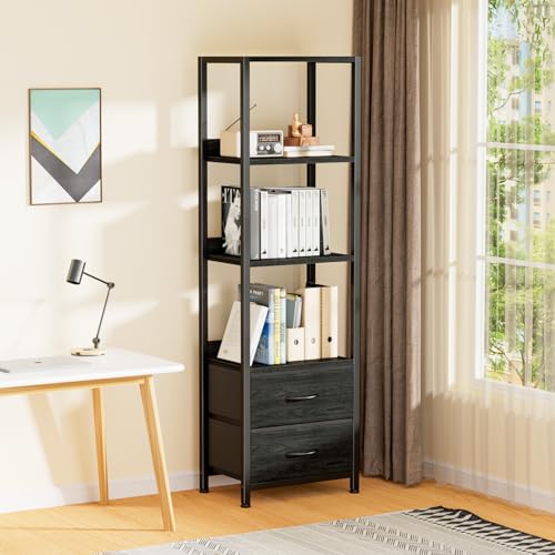 Furnulem 4-Tier Corner Shelf, Bookshelf with 2 Storage Drawers, 57.28”Tall Narrow Bookcase, Standing Shelf Organizer Unit for Living Room, Bedroom, Metal Frame, Wood Display Shelf - color: Black Oak, size: 4 Tier