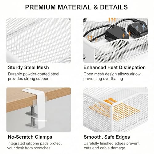 Extra Wide Under Desk Cable Management - 7inch No Drill Installation Cable Management Tray, Clamp/Screw Mount Desk Cable Management, Cable Management Tray for Office, Home((White, XL) - color: White