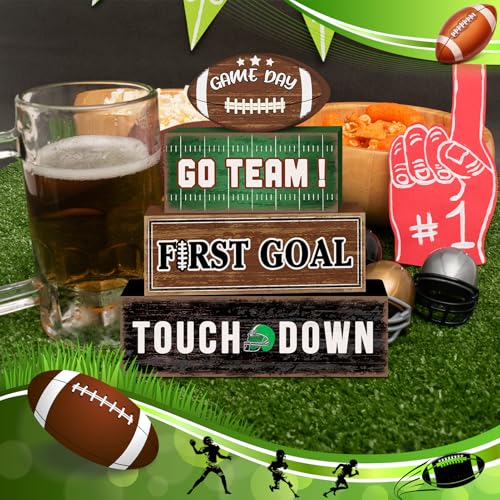 Britimes 4 Pcs Game Day Football Tiered Tray Decorations Set Touchdown Stack Block Signs Go Team First Goal Rustic Tabletop Decor for Table & Home Office (Game Day)