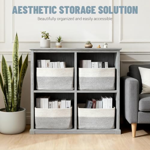 5 Pack Woven Storage Baskets for Shelves, Decorative Basket Closet Organizer Storage Bins for Clothes, Books, Pantry, Bathroom – Cotton Rope Shelf Baskets for Organizing and Decor, Gray & White - color: Gray & White