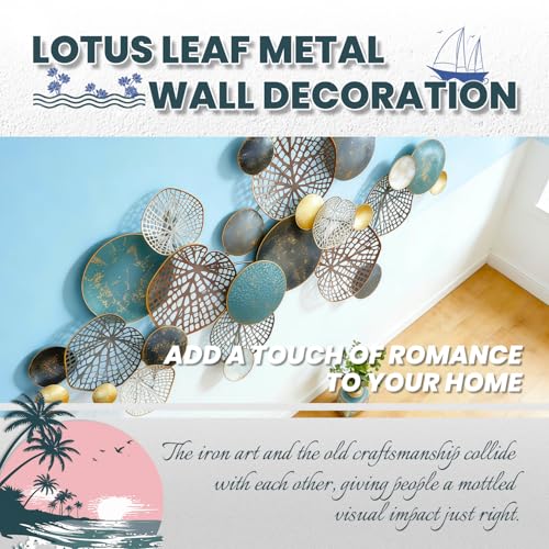 ZZYYZZ Large Metal Wall Decor, Boho Lotus Leaf Metal Wall Decoration, 3D Stacked Flower Wall Art Décor, Nautical Coastal Outdoor Wall Decor, for Living Room Bedroom Dining Room, 52.5" x 26.5"