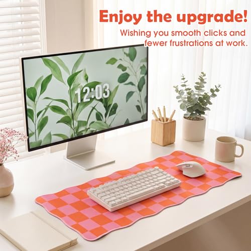 Copkim 1 Pcs Pink Orange Scalloped Checkered Desk Mat 31.5 x 11.8 Large Cute Mouse Pad Computer Mat Non Slip Waterproof Rubber Base with Border Stitching Soft Keyboard Pad for Home Office Game Makeup - color: Pink Orange, style: Checkered