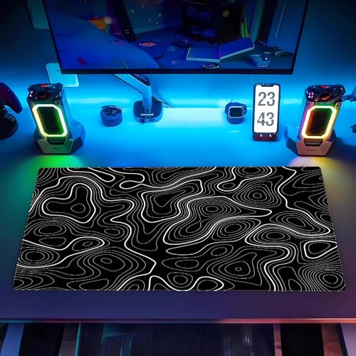 Extended Gaming Mouse Pad XL, Black Topographic Map Desk Mat, Non-Slip | High-performance XL gaming mousepad featuring an abstract contour line print and heavy-duty stitched edges. - color: Black Topographic