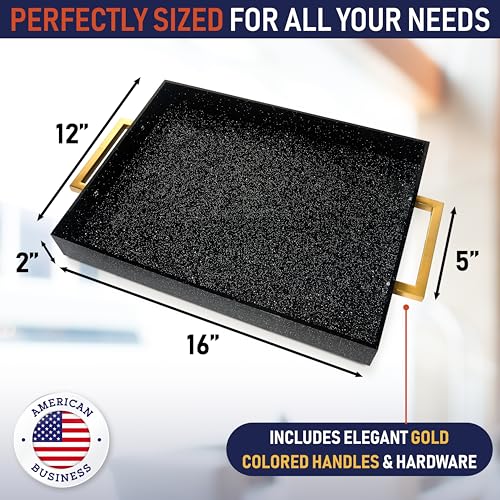 Acrylic Serving Tray with Gold Handles, 16" x 12" Decorative Tray for Coffee Table, Spill-Proof Food and Drink Server. Multipurpose for Ottoman, Kitchen, Vanity, Countertop, Party Use (Black Glitter) - color: Black Glitter