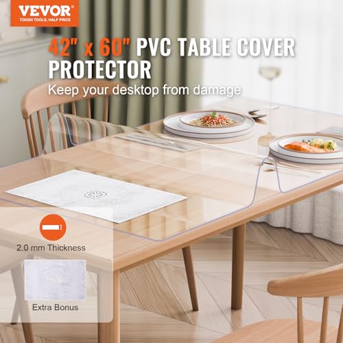 VEVOR Plastic Table Cover, 42 x 60 Inch 2.0 mm Thick Clear PVC Desk Mat Protector, Waterproof & Easy Cleaning Desk Pad Tablecloth, for Office, Dresser, Dining Room, Night Stand - size: 60" x 42" (Rectangle)