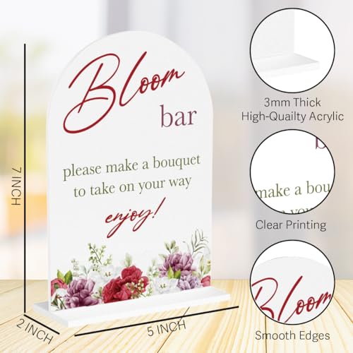 Bloom Flower Bar Sign for Wedding Bridal Shower Bouquet Bar Decor Sign Stuff Acrylic Wedding Welcome Arch Table Signs for Ceremony and Reception 7 x 5 Inches - color: Bloom