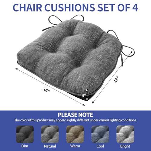 IPYNBAP Chair Cushions for Dining Chairs Set of 4, Kitchen Chair Cushions, Chair Pads with Ties and Non Slip Backing, Tufted Memory Foam Seat Cushion 4 Pack, 18" x 18" x 4", Dark Gray - color: Dark Gray, size: 18" x 18" x 4"
