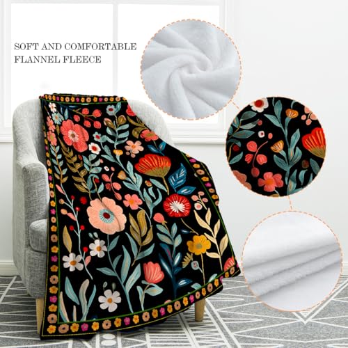 Jekeno Colorful Flowers Plant Blanket Floral Gifts for Women Kids Girls Mom Wife Sister Female Friends Birthday Christmas Halloween Easter Decor Home Bedroom Living Room Throw Blanket 60"x80" - color: Black Red Blue, size: 60"x80"