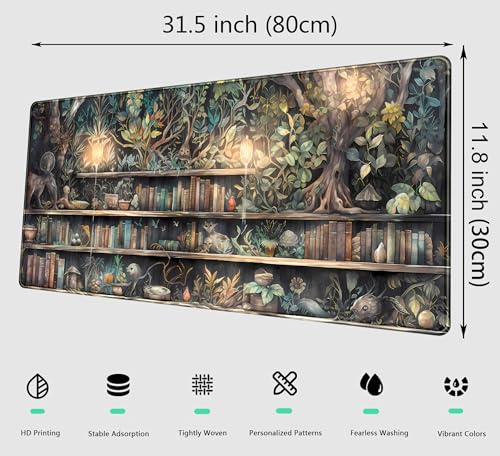 Kawaii Green Tree Desk Mat Cute Mouse Pad Anime Forest Library Book Mousepad XL Large Extended Gaming Desk Matt for Desktop, Keyboard and Mouse Mat for Women Office Decor Accessories 31.5x11.8 in - color: Brown Forest Library, size: 31.5" x 11.8"