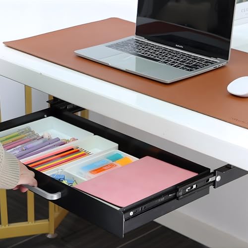 Under Desk Drawer Black 21" with 4 Divider Trays, Under Shelf Pencil Drawer Pull-out, Standing Desk Metal Storage Attachment Slide Out for Workbench - color: Black_Dual Mode