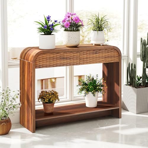 Curved Console Table Arch with Storage, Narrow Entryway Table with Drawers, 43.3'' Couch Table Behind Sofa Long and Skinny for Living Room TV, Hallway Entrance Foyer, Mid Century Farmhouse Rattan