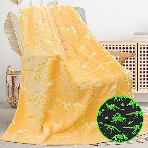 Gitrat Glow in The Dark Blanket Dinosaur Throw Blanket for Boys Kids Cute Dino Blanket Unique Christmas Toys Gifts Gray Glowing Dinosaur Room Decor Blankets for Girls Teens - color: Yellow Dinosaur, size: baby size 40" x 50"(100 x 130 cm)