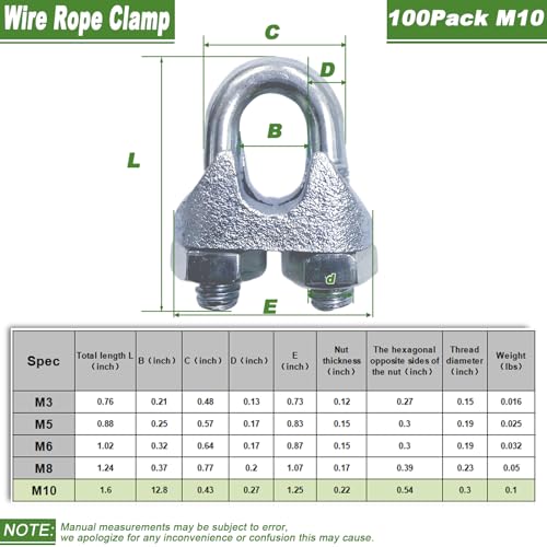 100PCS 3/8" M10 Zinc-Plated Wire Rope Clamps – Heavy Duty U-Bolt Cable Clips (Silver) - size: M10-100PCS