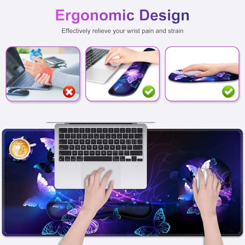 Large Mouse Pad with Wrist Support 4in1 Set, XXL Game Mousepad + Keyboard Wrist Rest+Mouse Wrist Rest+Coaster with Ergonomic Design Gaming Mat for Home Office Table Computer I Purple Butterfly - color: Purple Butterfly
