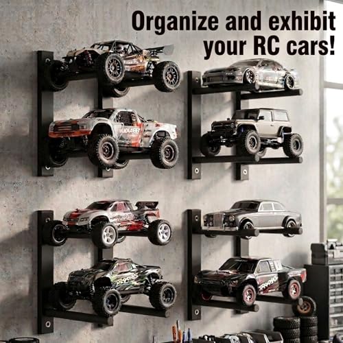 2 Pack RC Car Wall Mount, RC Car Stand for 4 Vehicles, Remote Control Cars Storage for Garage & Home, Wall Mount Shelf for Scale Trucks, Workstation Organizer