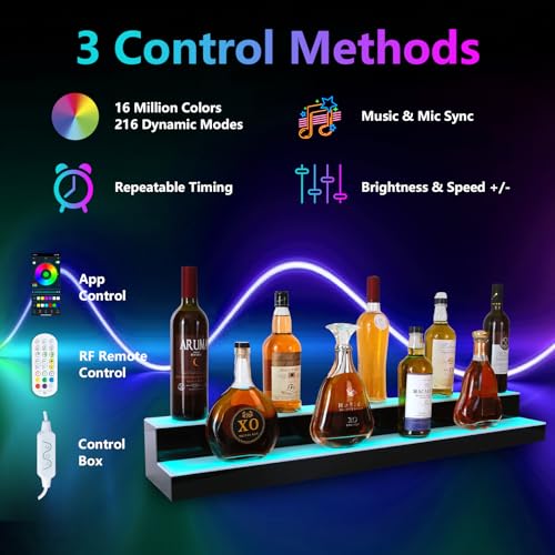 Led Lighted Liquor Bottle Display Shelf, 30 Inch 2 Tier Whiskey Rack, Support USB, Bar Stand with RF Remote & App Control, Illuminated Acrylic Lighting Shelves for Home Bar, Party - size: 30" 2 step