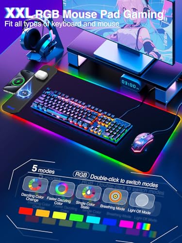 Magnetic Charging Mouse Pad 31.5x15.75, 15W Fast Wireless Charging Desk Mat, XXL Desk Pad RGB Gaming Mousepad, Home Office Large Keyboard Pad with Ultra-Smooth Surface, Non-Slip Base - color: 31.5x15.75"Magnetic RGB-Black with PD Charger