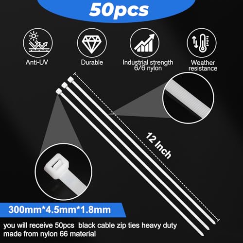 Shappy 12 Inch 50 Pcs Zip Ties Heavy Duty Strong Large Cable Wire Ties Zip Industrial Sturdy Wire, Awnings Tying Branches Bundling of Crops Fixed Water Pipes (White) - color: White, size: 12 inch