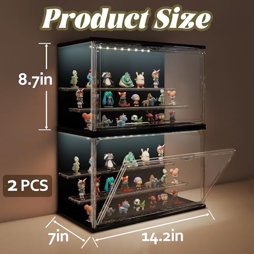 2PCS Clear Display Case for Collectibles, 3-Tier Adjustable Display Case with Led Light,Stackable Storage Bins with Magnetic Door for Jewelry (Black) - color: Black, size: 2 Pack-17.4"H