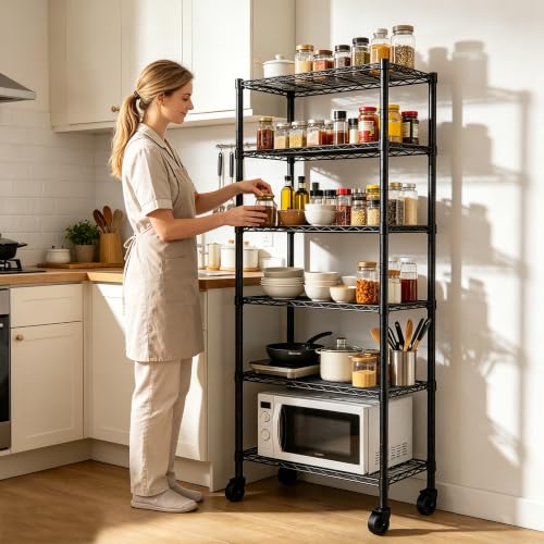 REGILLER 6-Wire Shelving Metal Storage Rack Adjustable Shelves,Standing Storage Shelf Units for Laundry Bathroom Kitchen Pantry Closet(Black,14.1" D x 30" W x 80" H,With Wheels) - color: Black, size: With Wheels 6tier 14.1"D x 30"W x 80"H