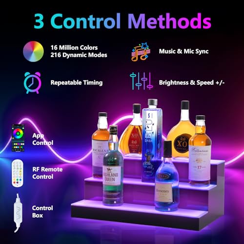 Led Lighted Liquor Bottle Display Shelf, 20 Inch 3 Tier Whiskey Rack, Support USB, Bar Stand with RF Remote & App Control, Illuminated Acrylic Lighting Shelves for 18 Bottles, Home Bar, Party - size: 20" 3 step
