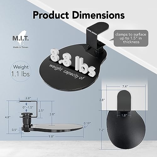 EHO Clamp-On Under Desk Mouse Tray, 360° Swivel Ergonomic Platform with Cable Organizer, Smooth Glide Surface for Gaming or Office, Fits Desks 0.5"-1.5" Thick, Tool-Free Install, TAA-Compliant - color: Black, size: 7.5L x 7.3W inches