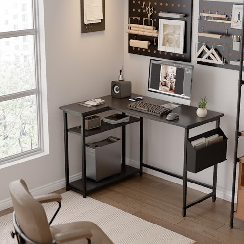 Pamray 40 Inch L Shaped Computer Desk with Reversible Side Storage Shelves, Small Corner Desk for Small Space Home Office, Writing Study Table PC Desk for Bedroom, Black - color: Black, size: 40 Inch