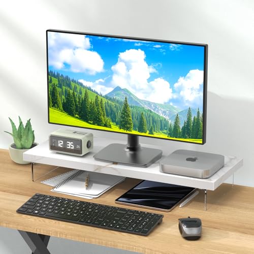 Monitor Stand Riser, Wood & Acrylic Computer Monitor Stand Desk Desktop Organizer Table For Home, Office Workspace, Laptop Riser, Printer, PC & TV Screen Riser - color: White-Sintered Stone, size: 25*10 Inch